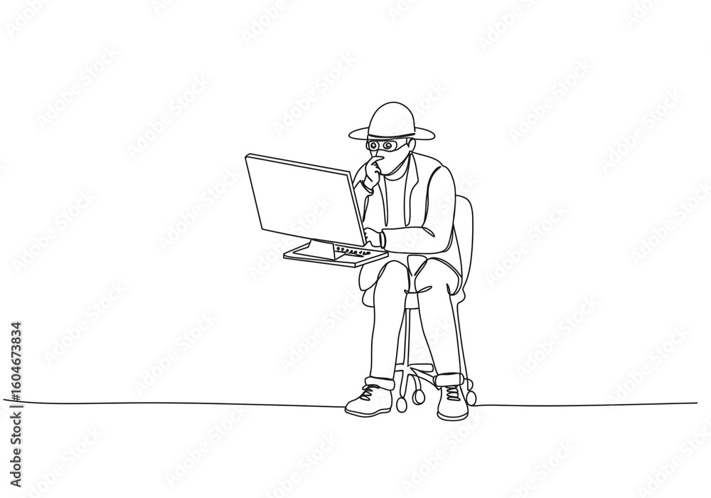 Poster a continuous line drawing of a person wearing a hat and glasses using a computer on a chair