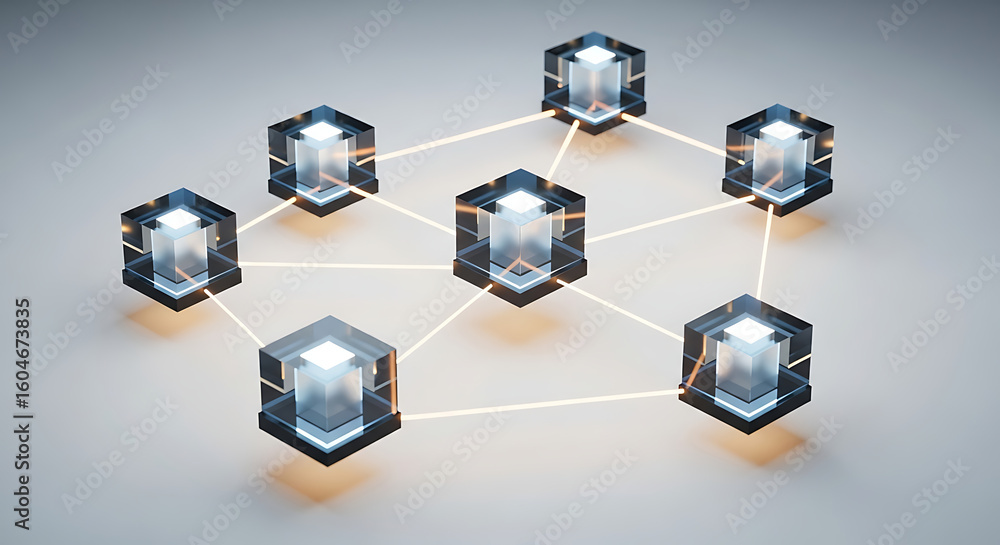 Poster seven interconnected glowing cubes form a network on a light gray surface, representing data or tech