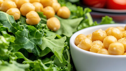Superfood and oganic food, Fresh kale Caesar salad with roasted chickpeas, high-resolution image.