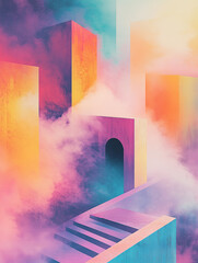 Geometric abstract background. Elements of surreal architecture. Abstract vertical banner. 80's graphic design style. Purple, pink, blue and orange colors. Digital artwork raster bitmap. AI artwork.