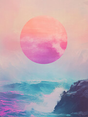 Surreal landscape concept art poster this sun, sea and mountain rocks background. Surreal nature collage. Surrealism fantastic dreaming art digital illustration. AI artwork.	