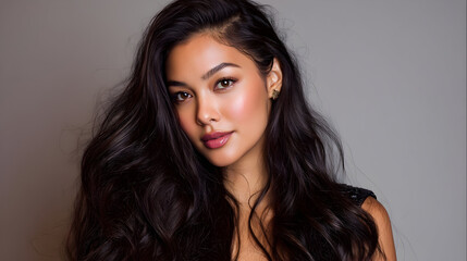 Naklejka premium Portrait of a woman with long dark hair and glossy lips posing against a neutral gray background .