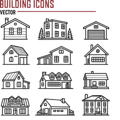 Collection of twenty diverse building outline icons
