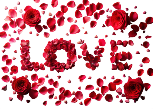 Floating intense red  rose petals isolated on white. Background concept for love greetings on valentines day and mothers day isolated on white background