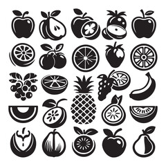 Vector art of black and white fruit icons featuring apples oranges pears and more