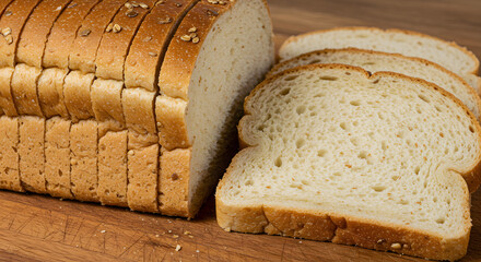 Sliced loaf of wheat bread on a wooden cutting board ready for breakfast