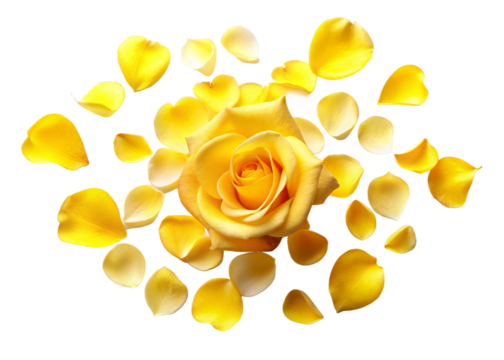 Floating  yellow rose petals isolated on white. Background concept for love greetings on valentines day and mothers day isolated on white background