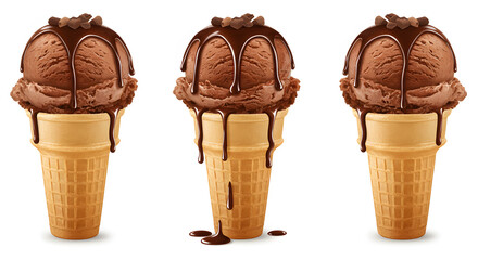 Delicious trio of chocolate ice cream cones with rich chocolate sauce and toppings