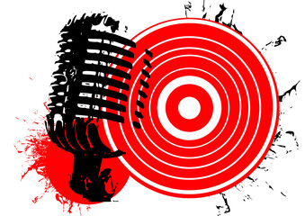Microphone and vinyle, abstract grunge background red and black