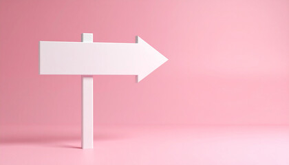 White direction sign on pink background. Pointing arrow.