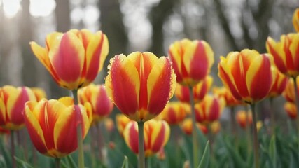 Vibrant red and yellow tulips glistening with morning dew in a garden setting