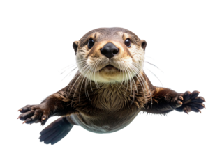 Dynamic Sea Otter Dive, Underwater Perspective, Bubbles and Movement, Isolated PNG
