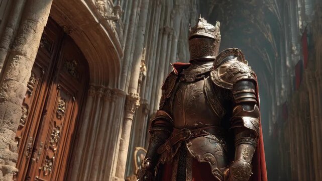 A medieval knight in detailed ornate armor stands in a gothic cathedral interior, symbolizing nobility, honor, and historical strength