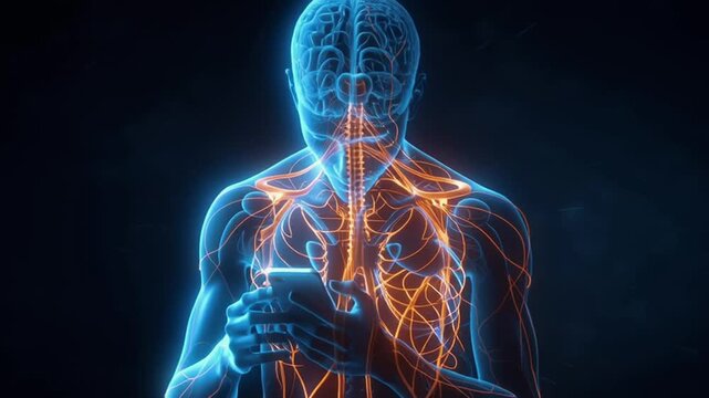 A young male figure staring smartphone, glowing blue energy chest prefrontal cortex, visible brain neural map lighting up, abstract medical visualization, dark nerves tech addiction concept, cinematic