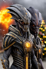 Surreal scene of menacing alien warriors invading during the Christmas holiday.