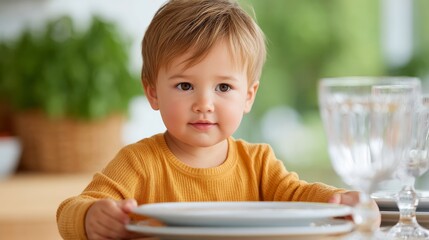 Young Child Assisting With Table Setting in a Bright Kitchen Environment