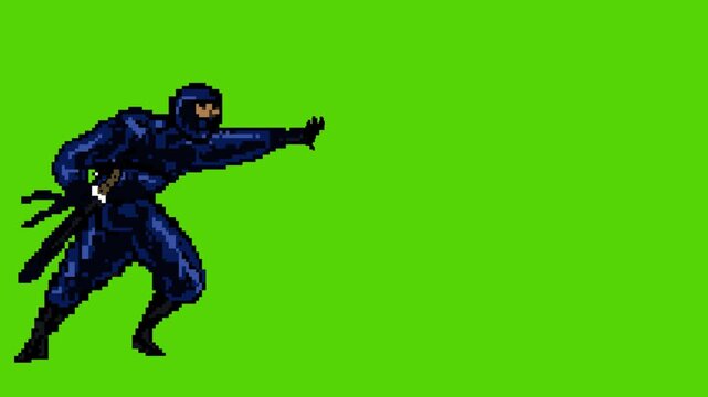 Animation of an old 16-bit game with a ninja throwing a star on a green background, pixel art, 2D.