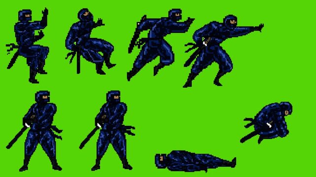 Animation of an old 16-bit game with ninja models in various poses on a green background, pixel art, 2D.