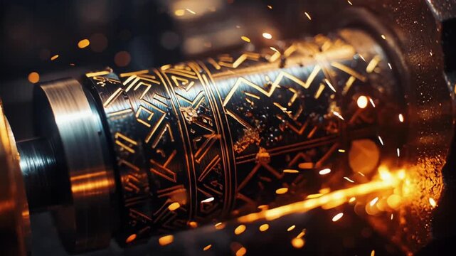 High-tech precision intricate gold obsidian patterns spinning ancient relic, glowing pass, sparks symbols, resembles desert temple meets lab, cinematic lens flares, steampunk meets sci-fi