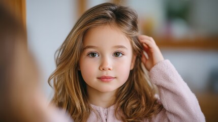 Young Girl Brushing Her Hair in Front of a Mirror While Wearing a Cozy Pink Sweater