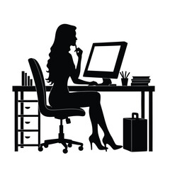 Woman working at desk with computer and briefcase silhouette chair