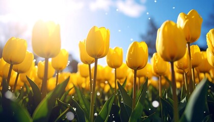 Bright yellow tulips in a sunny field