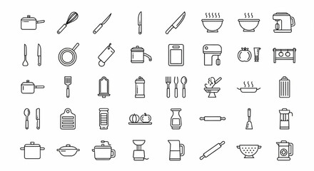 Cooking and Kitchen Utensil Line Icon Set – Cookware, Food Prep Tools, Mixer, Knife, Spoon, Bowl, Appliances Vector Illustration

