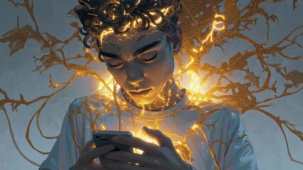 Medical illustration teenage person smartphone, golden glowing vines growing chest to brain, dopamine reward pathway, bright energy skin nervous system, cinematic sci-fi medical surreal emotional glow