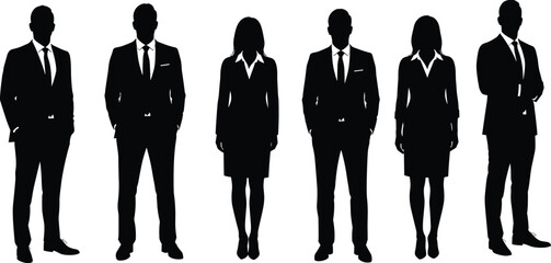 Business professionals in formal attire – silhouette illustration of men and women in office suits, standing poses for corporate concepts.