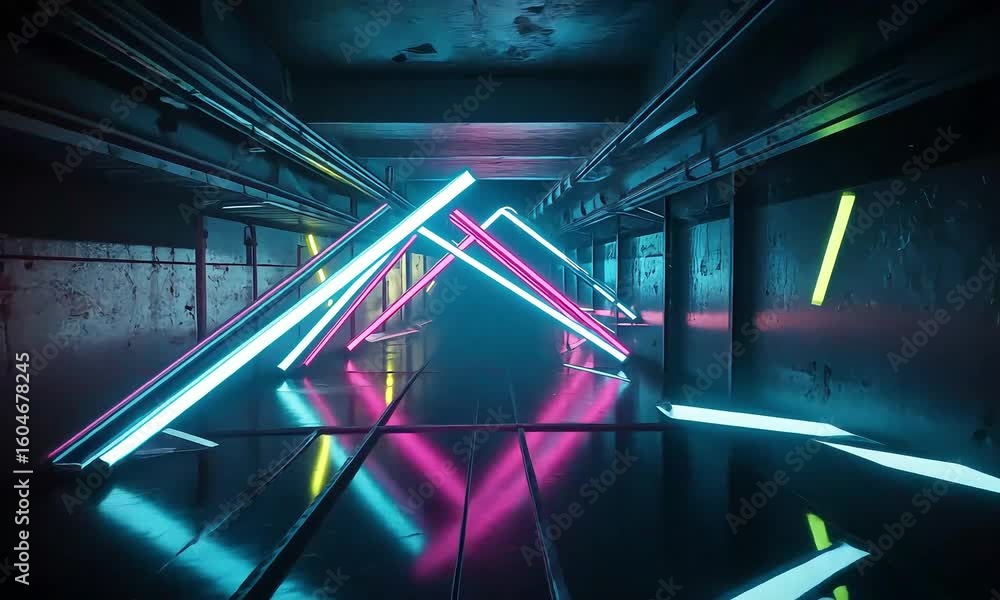 Poster illuminated tunnel with neon triangle lights creating a futuristic and vibrant corridor scene indoor