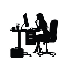 Woman working at desk with computer and briefcase silhouette chair
