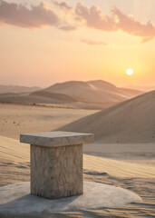 Ancient stone altar bathed in the warm glow of a desert sunrise over rolling hills