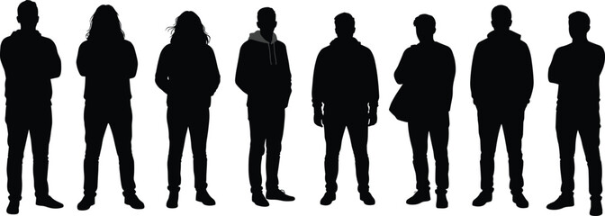 Business professionals in formal attire – silhouette illustration of men and women in office suits, standing poses for corporate concepts.