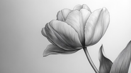 A detailed pencil drawing of a single tulip with its petals open wide.