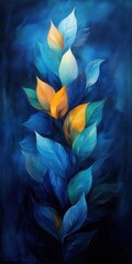 Artistic illustration of vibrant leaves in shades of blue and orange, creating a serene and captivating visual experience.