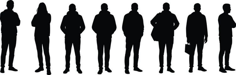 Business professionals in formal attire – silhouette illustration of men and women in office suits, standing poses for corporate concepts.