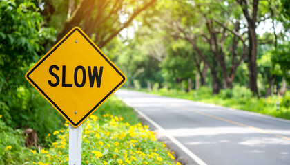 Yellow traffic sign with text SLOW on natural green backdrop.