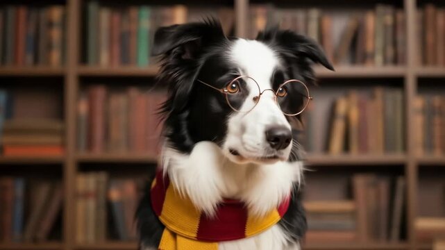 Smart Border Collie in Library - A border collie dog wearing round glasses and a red and gold scarf sits in front of a large bookshelf filled with many old books.