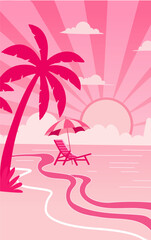 Pink tropical beach scene with palm tree, sun lounger and umbrella under a vibrant sunrise sky with rays and clouds