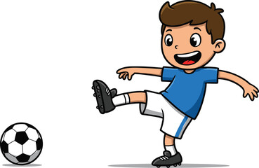 Cartoon Boy Playing Soccer – Happy Kid Kicking Football in Sports Uniform – Fun Children’s Sport Illustration for Education & Design