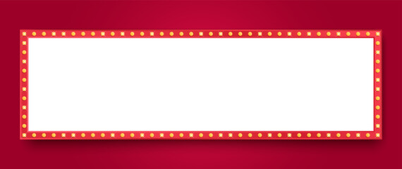 Retro red lightbox wide frame with light bulbs. Vintage banner for cinema, bar show or restaurant. Marquee rectangle with illuminated light bulbs. Design for vintage decoration and signboard. Vector