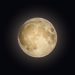 Realistic full moon in dark background. Satellite of Earth. Astronomy object. Glowing moon. Vector illustration