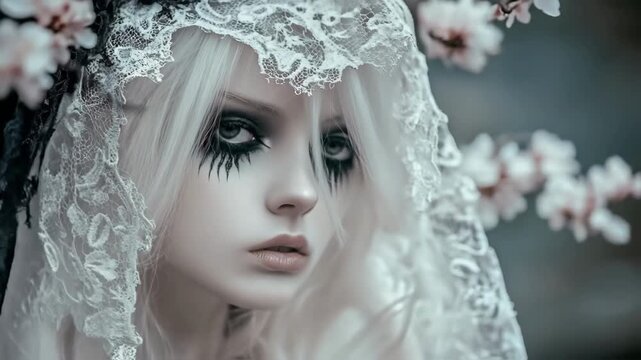 Dark skinned model wearing dramatic white and black lace veil standing near delicate blooming tree branches, embodying haunting gothic horror aesthetic with intense eye makeup and pale complexion