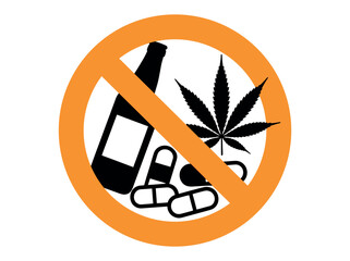 Red prohibition sign with a graphic of a bottle, marijuana leaf, and pills. Say no to substance abuse with this bold prohibition sign featuring alcohol, drugs, and marijuana. 