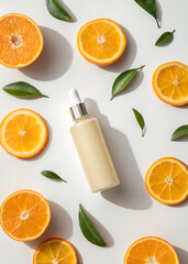 Brightening vitamin c serum bottle surrounded by fresh orange slices and green leaves