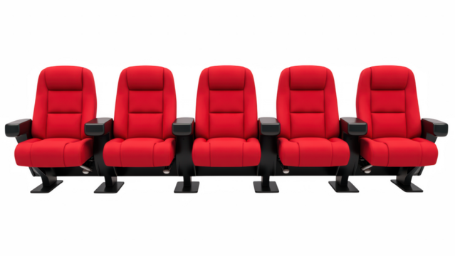 Comfortable red theater seats designed for optimal viewing experience, featuring plush cushioning and sturdy armrests, perfect for movie lovers - Powered by Adobe