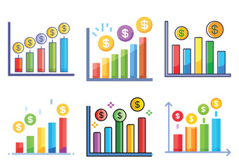 Colorful bar graphs representing growth with coins and dollar sign overlays