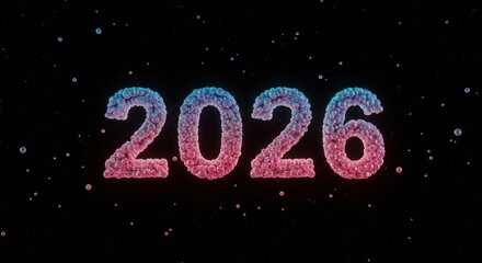 The illuminated year 2026, created with numerous small spheres of various hues against a dark expanse with sparse, floating particles