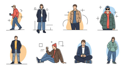 Obraz premium Collection of Diverse Individuals Dressed for Cold Weather Demonstrating Various Street Styles and Activities