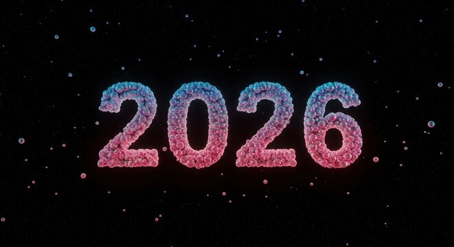 The illuminated year 2026, created with numerous small spheres of various hues against a dark expanse with sparse, floating particles